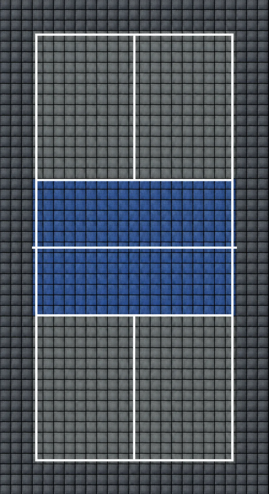 Complete mobiele pickleballvloer in zwart, grijs en blauw met witte belijning